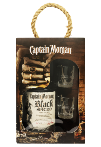 Captain Morgan Spiced Black с двумя рюмками Алкогольный напиток на основе Карибского рома 0.7л 1